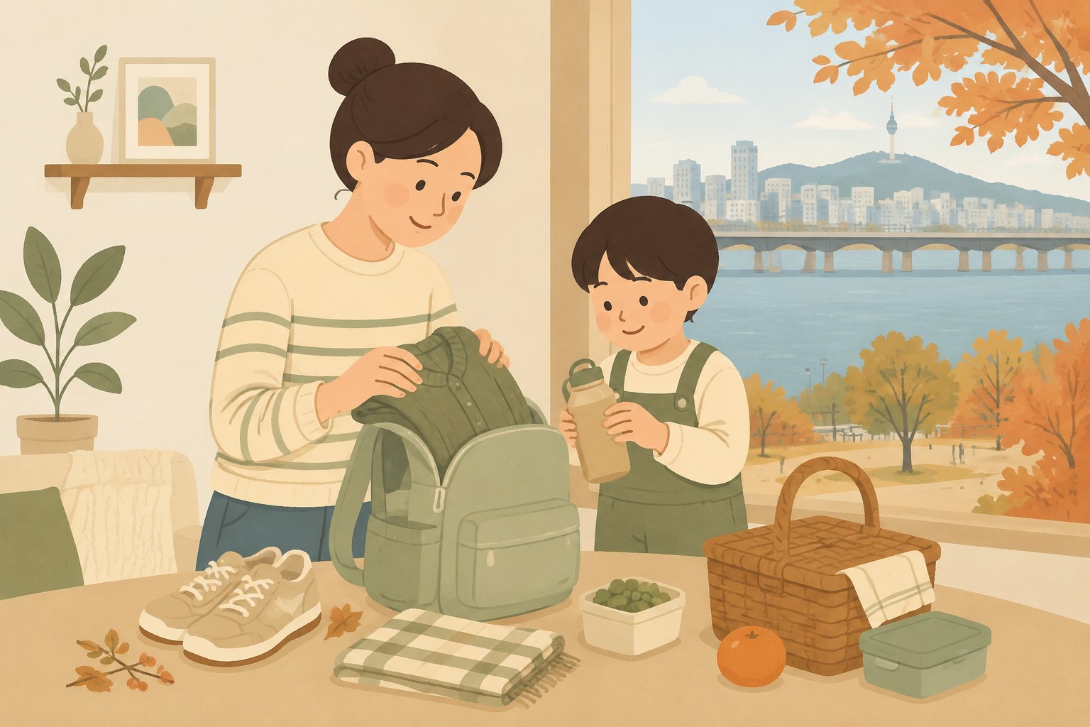 아이와 함께 준비하는 가을 강변 나들이 AI 일러스트